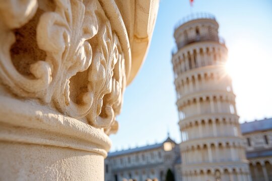 A close-up image highlighting the intricate design details of the Leaning Tower of Pisa, beautifully captured in bright sunlight against a stunning blue sky.