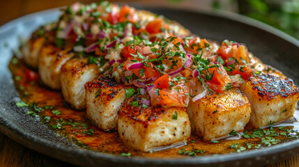 Crispy pan-seared cod cubes are generously topped with a fresh, vibrant salsa of diced tomatoes, red onions, and parsley.  Served on a dark plate with a rich sauce.