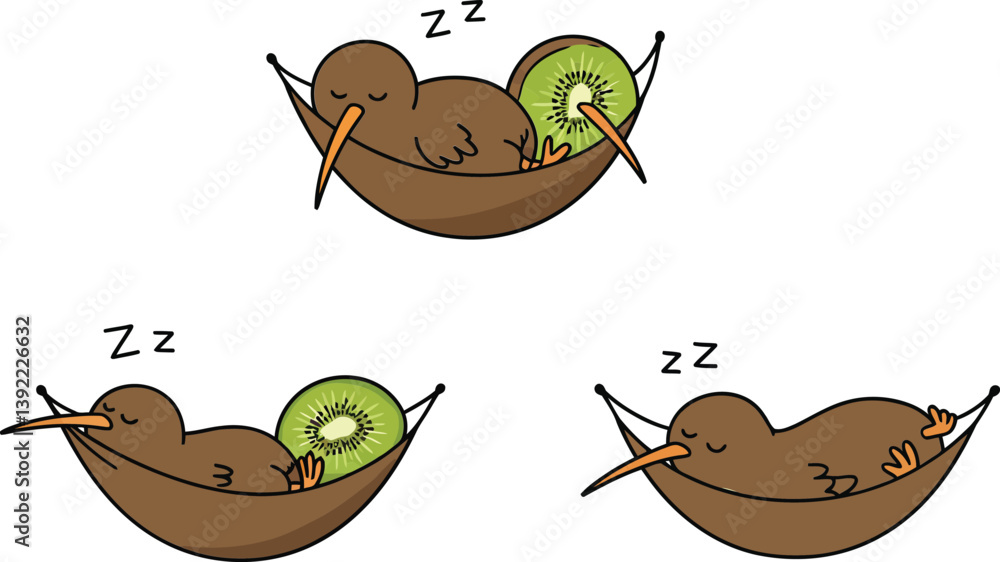 Poster cute kiwi bird relaxing in a hammock with kiwi fruit in flat vector art