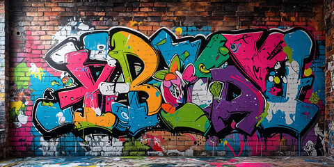 Vivid Graffiti Art On Old Brick Wall Surface Urban Abstract Illustration
