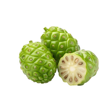 Closeup of three Noni fruits one sliced showing seeds revealing its unique texture and vibrant green color a tropical fruit known for its health benefits transparent background Generative AI