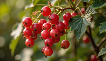 Obraz premium Red berries hanging on a branch against a blurred green background 