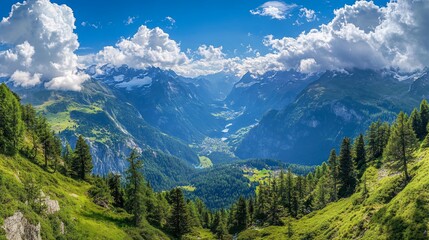 Obraz premium Alpine valley panorama, summer, scenic view, clouds, mountains, tourism, travel, postcard