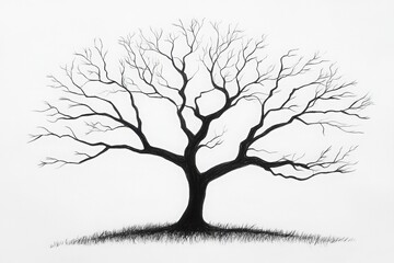 Intricate doodle illustration of a bare tree with sprawling branches and delicate grass at the base, showcasing nature's beauty and simplicity, artistic expression concept