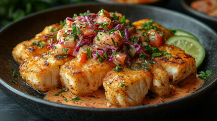 Grilled cod cubes are artfully arranged on a dark plate, topped with a vibrant red cabbage and tomato salsa. A creamy sauce complements the dish, garnished with fresh cilantro and lime.