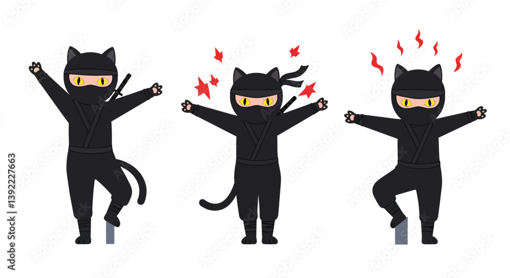 Poster cat ninja performing dynamic poses in flat vector art style showcasing agility and action vector ill