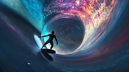 Surfer riding a cosmic wave in a vibrant galaxy, showcasing a surreal surfing experience
