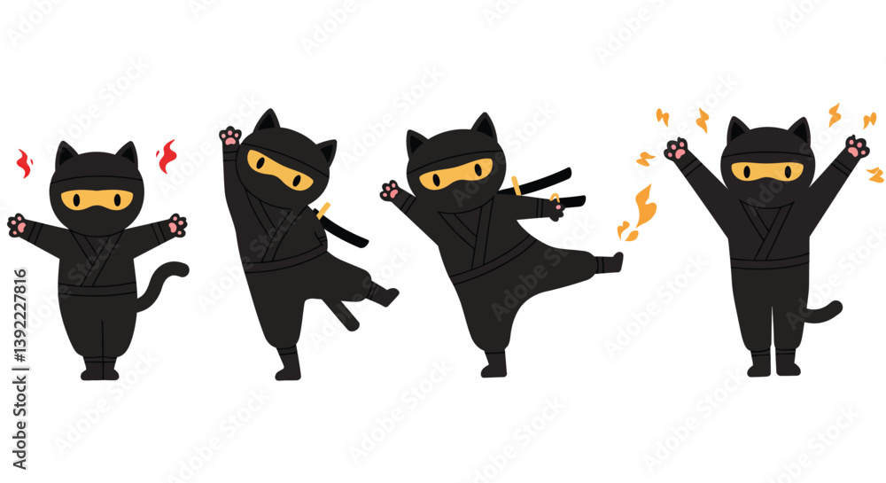Poster playful black cat ninja in flat vector illustration with dynamic poses and expressive movements in f