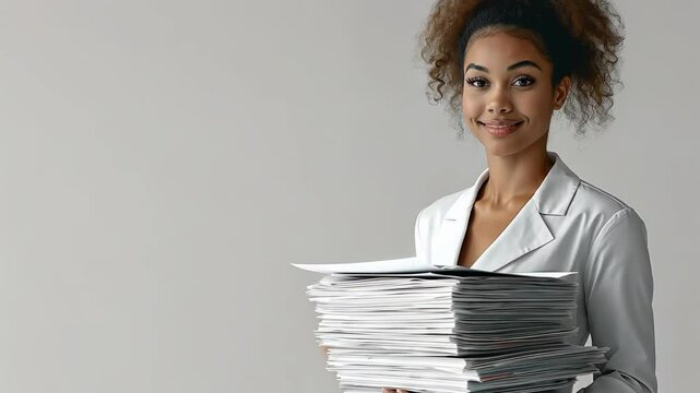 A cheerful young woman wearing a white jacket holds a tall stack of documents. Her confident expression and professional outfit convey themes of work, office life and responsibility