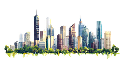 Fototapeta premium Pixel art city skyline with tall buildings isolated on white background