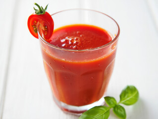 Fresh Tomato Juice in Glass with Cherry Tomato Garnish