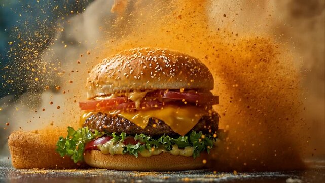 Mouthwatering double cheeseburger with fresh ingredients exploding in flavorful spice dust and tantalizing aroma