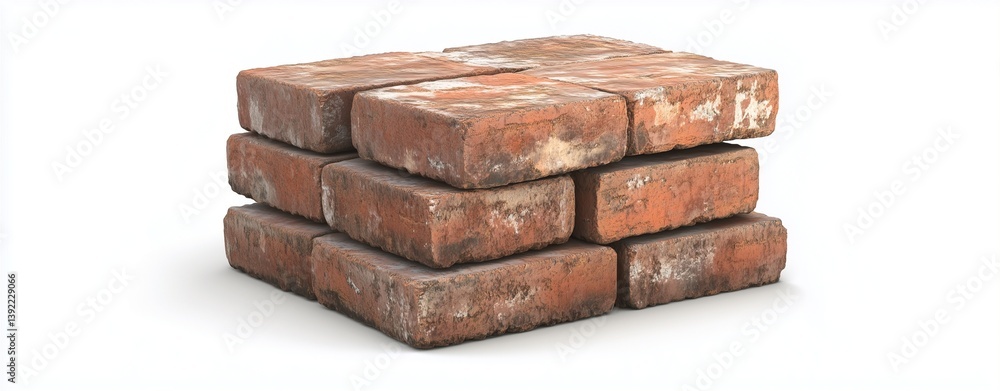 Poster brick arrangement: a detailed, realistic portrayal of a stack of weathered bricks, showcasing the te