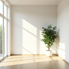 Minimalist living room. Bright living room with light wooden floors, high empty white walls and a large potted plant in the corner. Design room. Empty wall.