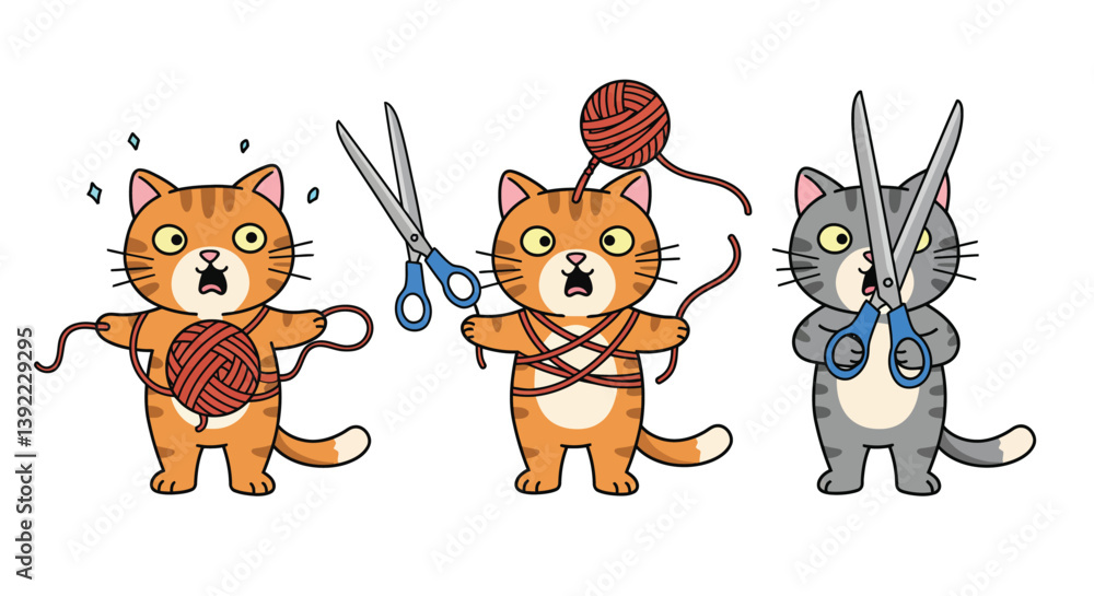 Poster cats in playful action with yarn and scissors in flat vector art