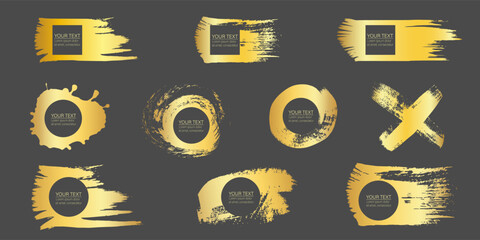Golden ink splatter and strokes with place box for text, paint brush with frame. Artistic textures collection for card banner label. Set of grunge paintbrush strokes paint splash Gold design element