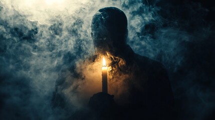 Mysterious figure, candlelight, smoke, dark background, Halloween concept
