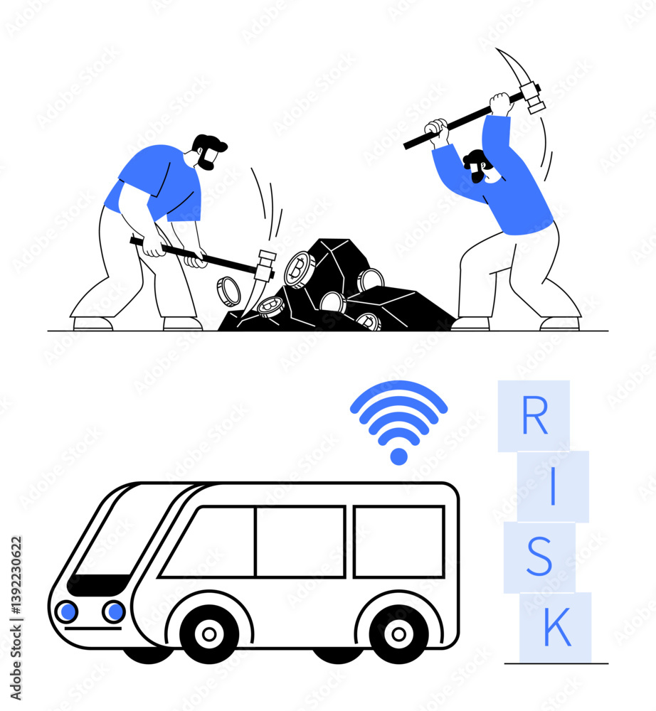 Aufkleber workers mining minerals with tools, a futuristic autonomous bus with a wireless signal, and stacked 