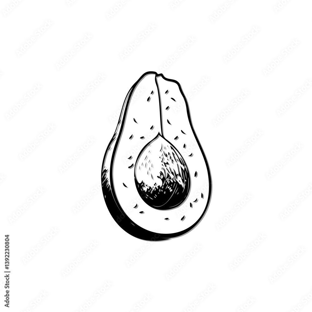 Poster monochromatic avocado slice displaying seed within its contoured shape sketch