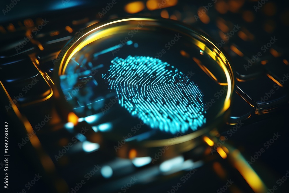 Poster digital fingerprint scan magnifier cyber security technology web data blue gold modern system design