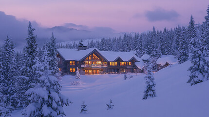 Fototapeta premium snow covered lodge with glowing windows in serene winter landscape