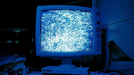 Fototapeta premium Old tv static in dark room. Decay behind. Use horror movie, tech problem