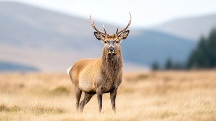 Obraz premium A majestic deer with large antlers standing in a golden field, mountainous landscape in the background, and serene and natural setting.