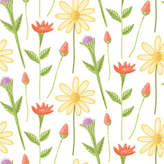 Seamless Pattern with Colorful Flower Drawings and Green Leaves on White