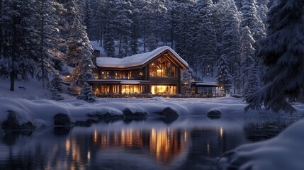 Fototapeta premium snow covered forest resort house with warm glowing lights reflects on serene lake