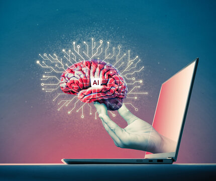 Digital hand holding a brain with AI icon. - Powered by Adobe