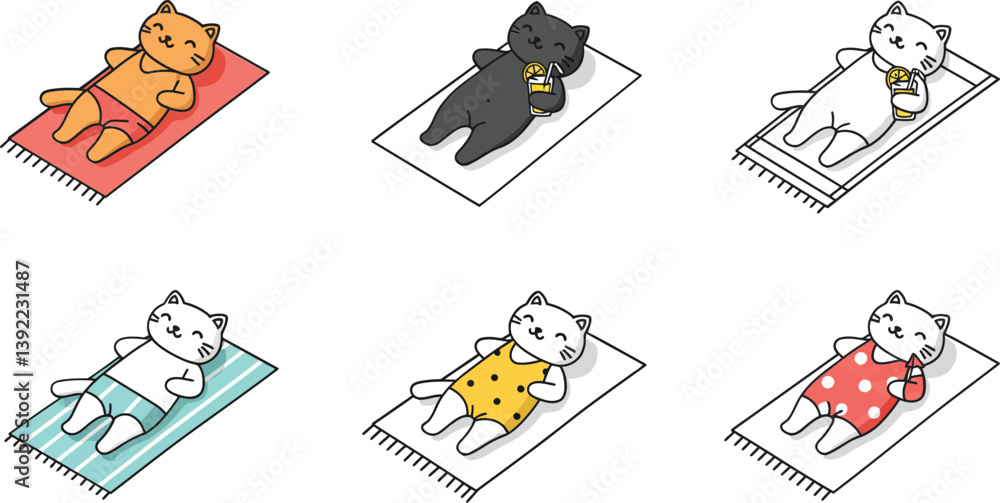 Aufkleber cats lounging on colorful mats in flat vector art style showcasing various colors and patterns in ve