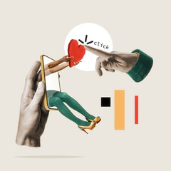 Modern love story: finger pressing the like heart on dating app - symbol of digital romance and...