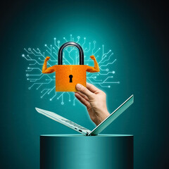 locked padlock in hand protruding from computer, representing encryption and online safety.