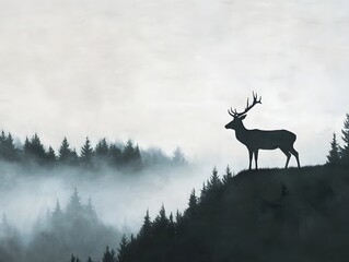 Minimalist deer silhouette against a foggy mountain landscape