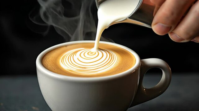 A close-up view of a barista skillfully pouring steamed milk into a hot cup of coffee, creating a symmetrical latte art swirl. Steam rises gently, enhancing the sensory warmth and quality of the coffe