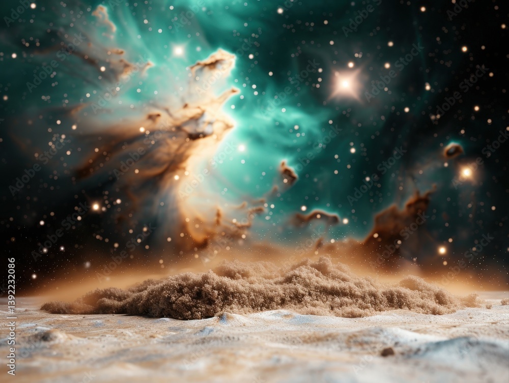 Poster abstract canvas of muted teal and black with cosmic elements and textural depth