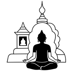 A silhouette of a person meditating in front of a Buddhist stupa, representing peace and spiritual focus