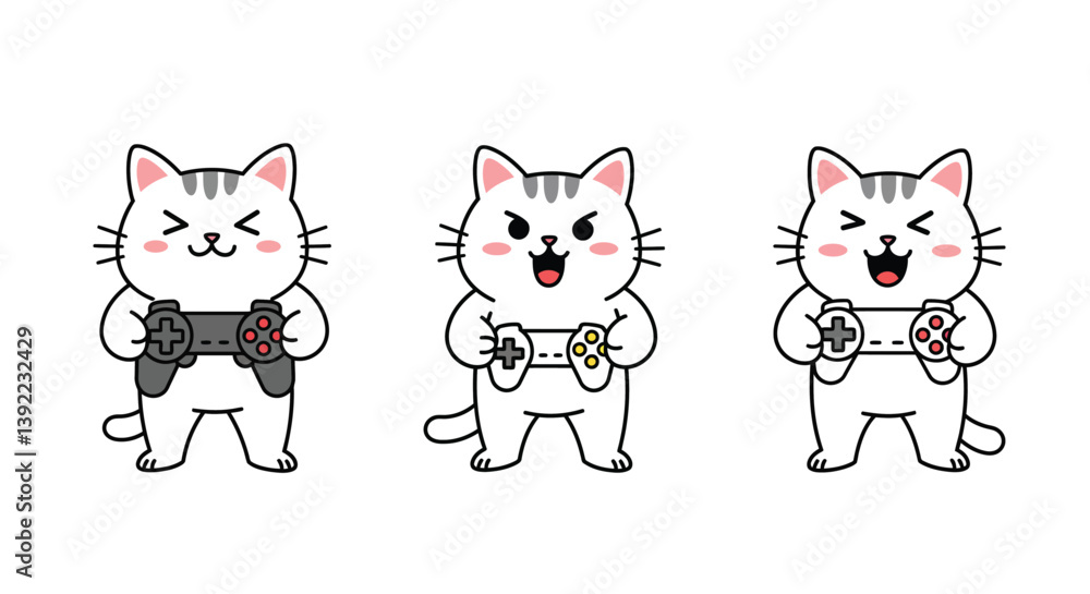 Poster playful cat character progression with game controllers in minimal vector illustration