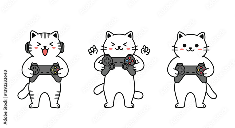 Aufkleber cute cat characters with game controllers in flat vector illustration style