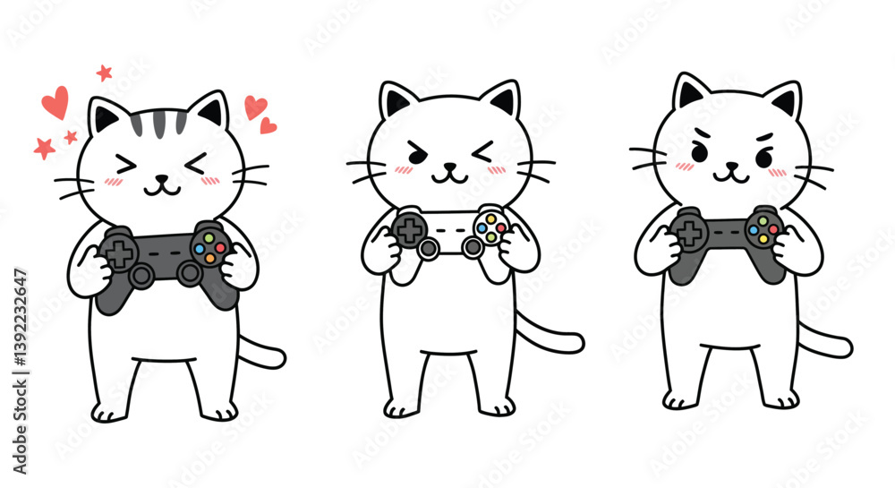 Poster cute cat character gaming with controller in flat vector art style