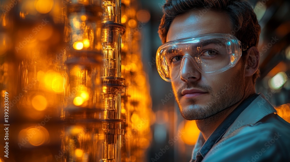 Poster worker in protective gear examines equipment in a vibrant industrial setting dedicated to metallurgy