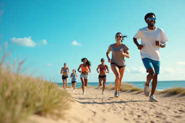 Group, fitness and sport with running in outdoor by training, exercise and practice for marathon competition of cardio health. People, athlete and workout as runner together. AI