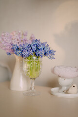 Blue Grape Hyacinths in a Transparent Glass Vase on Neutral Background