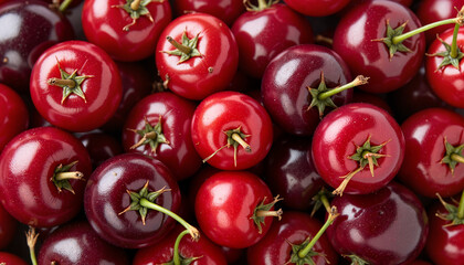 Fresh red cherries arranged neatly on a wooden surface  