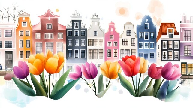 Vibrant Watercolor Tulips in Front of Colorful Buildings, Relaxing Cityscape Illustration