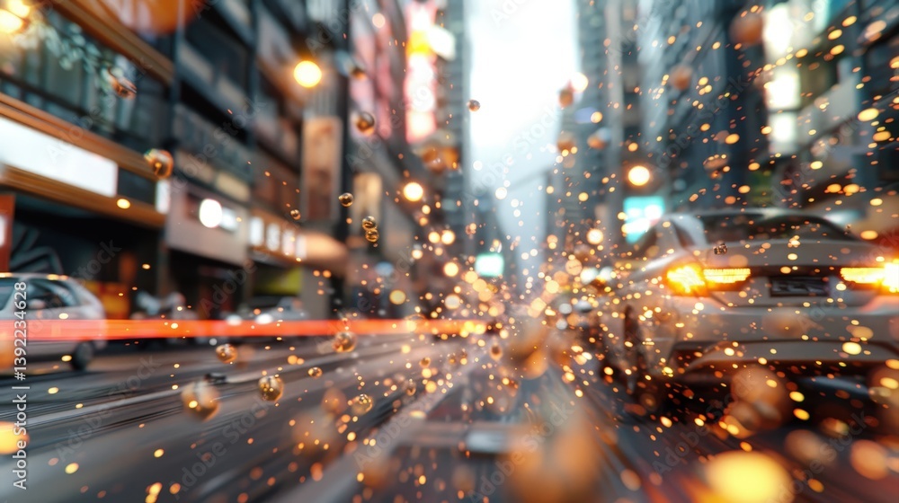 Poster vibrant pulsating synthwave scene with 3d rendered city and light trails in an 80s style