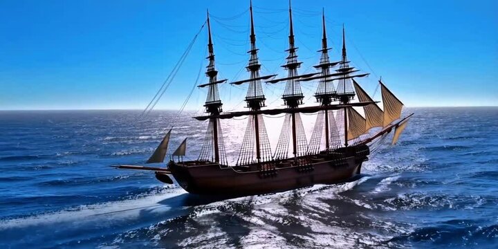 Majestic tall ship sailing ocean multiple masts unfurled sails wooden hull rigging maritime adventure historical vessel clear blue sky deep water sunny day pirate vintage fishing sea 