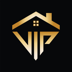 The image shows a flat logo design of letters VIP placed below a house roof. The design looks expensive in gold tone on a black background. It can be used as a logo for housing related purposes. 