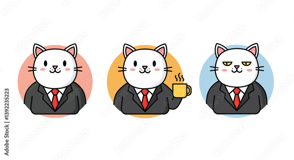 Poster cat character in business attire changing expressions in flat vector art