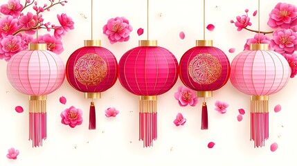 Pink lanterns hang with floral decor for an event invitation, greeting, or holiday announcement